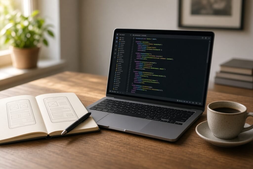 Beginner programmer writing JavaScript code on a laptop next to a notebook with sketches of a calculator and to-do list app