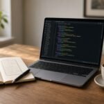 Beginner programmer writing JavaScript code on a laptop next to a notebook with sketches of a calculator and to-do list app