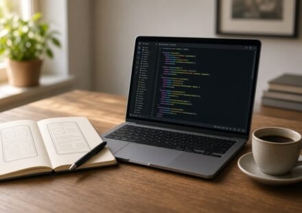 Beginner programmer writing JavaScript code on a laptop next to a notebook with sketches of a calculator and to-do list app