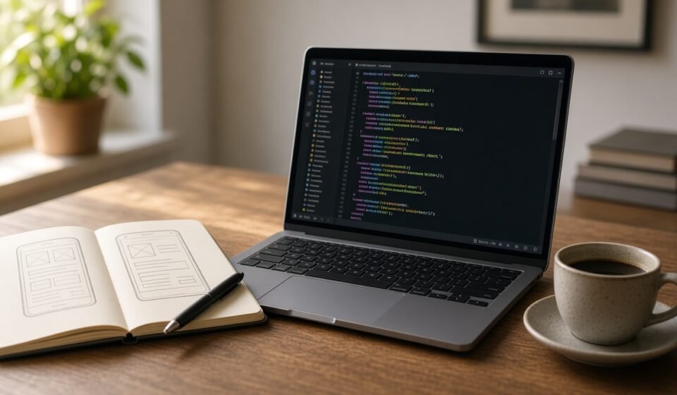 Beginner programmer writing JavaScript code on a laptop next to a notebook with sketches of a calculator and to-do list app